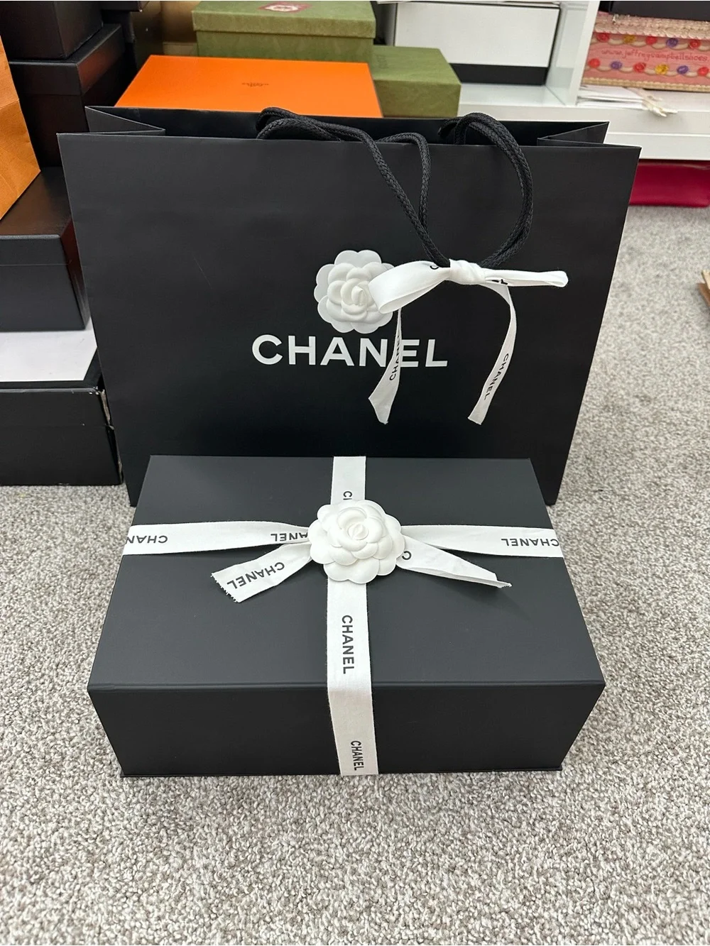 Chanel White Camellia Ribbon Gift Set for small to medium bag